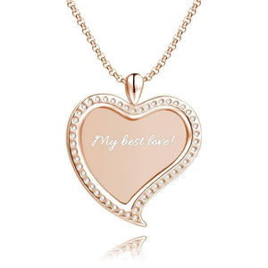 Women's Personalized Rhinestone Crystal Love Heart Shape Photo Engraved Necklace Rose Gold Plated - Colorful