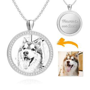 Women's Personalized Rhinestone Crystal Round Shape Photo Engraved Necklace Platinum Plated Silver - Sketch