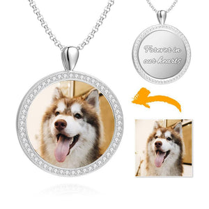 Women's Personalized Rhinestone Crystal Round Shape Photo Engraved Necklace Platinum Plated Silver - Colorful