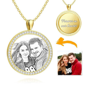 Women's Personalized Rhinestone Crystal Round Shape Photo Engraved Necklace 14K Gold Plated Golden - Sketch