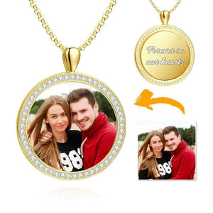 Women's Personalized Rhinestone Crystal Round Shape Photo Engraved Necklace 14K Gold Plated Golden - Colorful