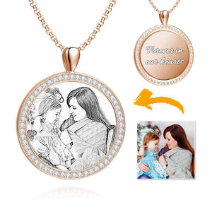 Women's Personalized Rhinestone Crystal Round Shape Photo Engraved Necklace Rose Gold Plated - Sketch