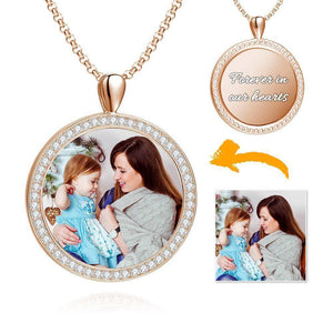 Women's Personalized Rhinestone Crystal Round Shape Photo Engraved Necklace Rose Gold Plated - Colorful
