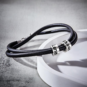 Custom Engraved Bead Bracelet Men Braided Black Leather Gifts