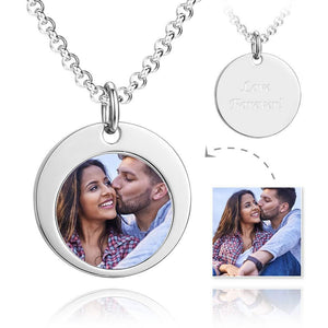 Unisex Round Photo Engraved Tag Necklace with Engraving Stainless Steel