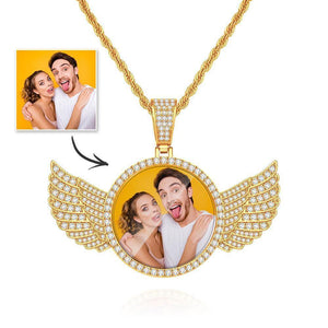 Custom Wing Photo Necklace Personalized Picture Pendant with Zircon Pendant Jewelry Gift Golden