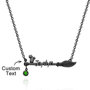 Broom And Cat Birthstone Necklace Personalized Name Necklace Gifts For Her