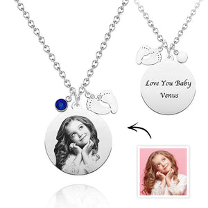 Birthstone Photo Necklace Baby Feet Newborn Engraved Pendant Memorial Gift