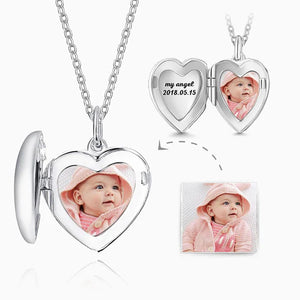 Engraved Heart Photo Locket Necklace Silver Christmas Gifts For Mom, Engraved Necklace Bar Necklace Name Necklace