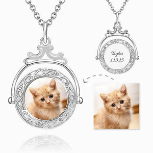 Vintage Embossed Mirror Photo Necklace Platinum Plated