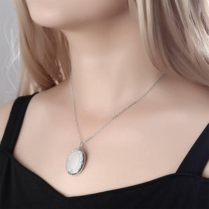 Custom Embossed Oval Photo Locket Necklace With Engraving Platinum Plated