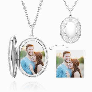 Custom Embossed Oval Photo Locket Necklace With Engraving Platinum Plated
