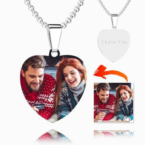 Stainless Steel Photo Heart Necklace Engraved Pendant Christmas Gifts