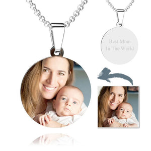 Round With Border Photo Engraved Necklace Stainless Steel Tag Pendant For Mom