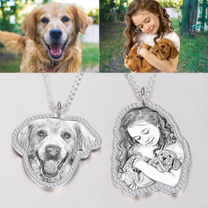 Sketch Photo Engraved Necklace with Rhinestone Crystal Silver Plated Silver