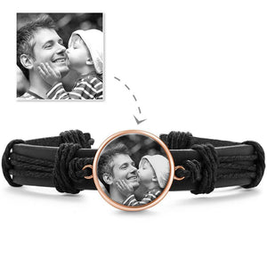 Photocopying Black Leather Round-shaped Photo Bracelet Rose Gold Plated