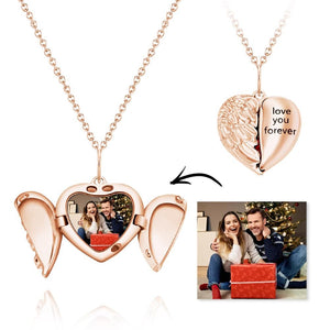 Custom Engraved Photo Locket Necklace Valentine's Gift Heart-shaped Flip Angel Wings Gifts for Couples