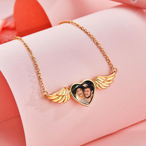 Custom Photo Engraved Necklace Love Wings Angel Couple Gifts