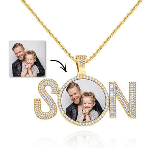 Custom Photo Zircon Necklace SON Letter Shaped Pendant Necklace Father’s Day Gifts