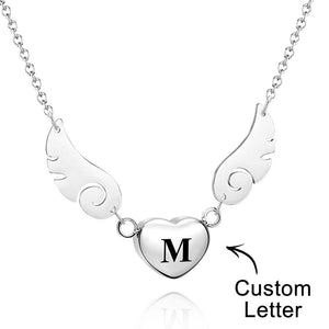 Custom Engraved Angel Wings Necklace With Letter Heart Charm Jewelry Gifts For Her