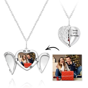 Custom Engraved Photo Locket Necklace Valentine's Gift Heart-shaped Flip Angel Wings Gifts for Couples