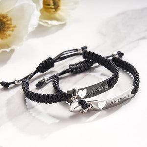 Personalized Stainless Steel Braided Rope Adjustable Hollow Heart Couples Matching Bracelets