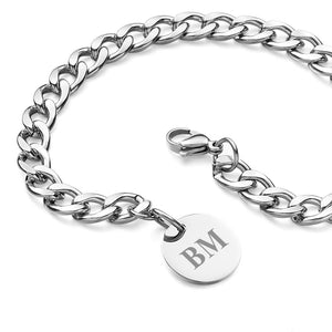 Engraved Initials Thick Cuban Chain Link Bracelet Stainless Steel Bracelet for Men