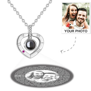 Personalized Photo With 100 Languages Says I Love You Projection Necklace Heart Silver