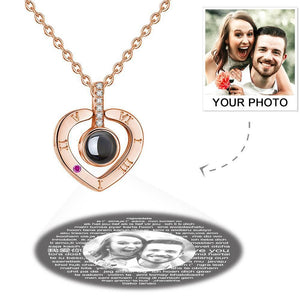Personalized Photo With 100 Languages Says I Love You Projection Necklace Heart Rose Gold