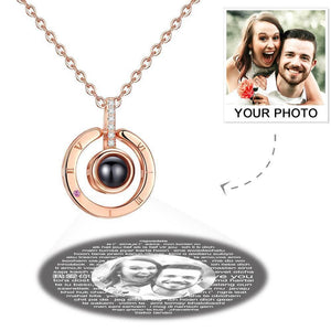 Personalized Photo With 100 Languages Says I Love You Projection Necklace Round Rose Gold