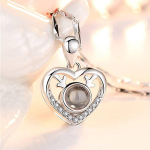 I Love You Necklace in 100 Languages Projection Engraved Necklace Heart with Antlers Silver