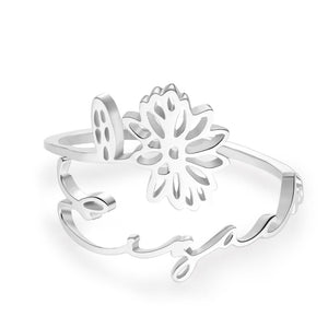Custom Name Birth Month Flower Ring Dainty Floral Jewelry Birthday Gift July Water Lily