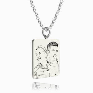 Women's Square Photo Engraved Tag Necklace With Engraving Silver