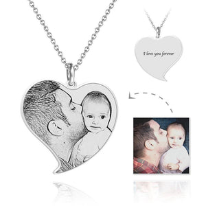 Father’s Day Gifts Photo Engraved Heart Memorial Necklace Silver