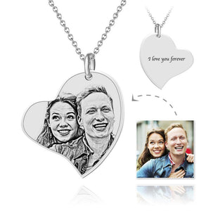 Custom Engraved Heart Pendant Photo Necklace Silver