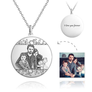 Personalized Round Photo Engraved Necklace Silver