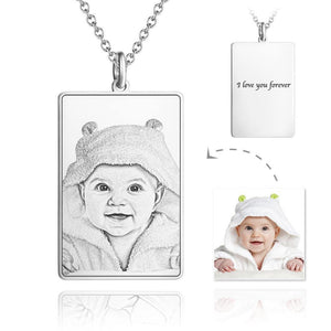 Personalized Rectangle Engraved Photo Necklace Silver