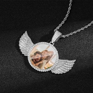 Custom Photo Necklace with Wing Medallions Pendant Jewelry Gift with Angel Wings Silver