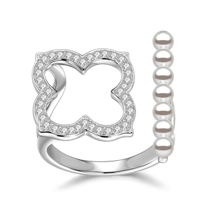 Four-Leaf Clover Silver Ring With Pearl For Women